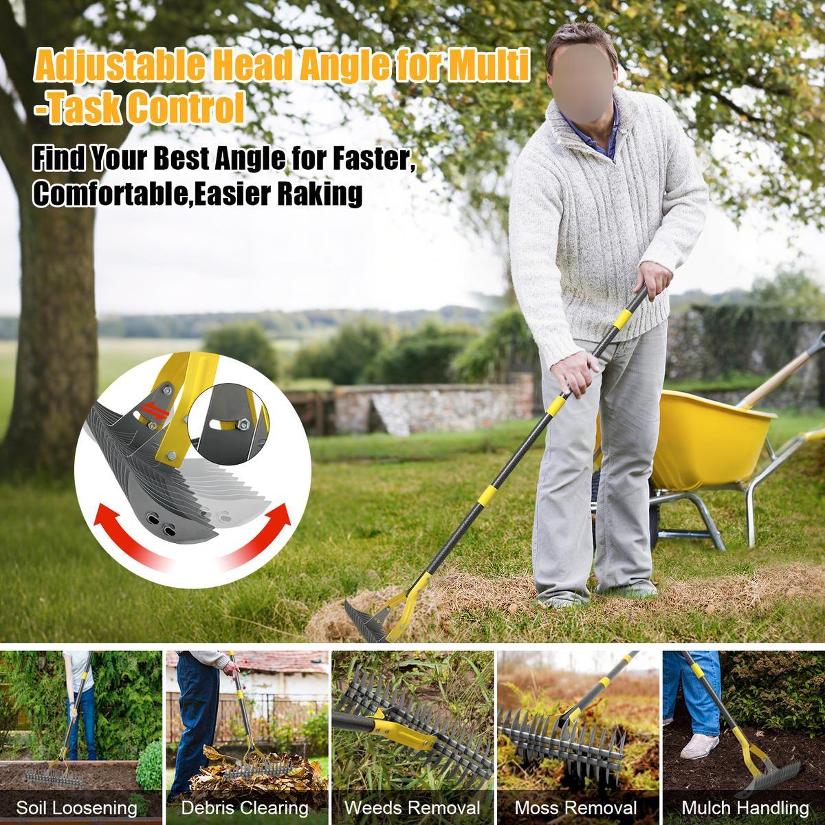 Thatch Rake, Heavy Duty Lawn Thatching with Adjustable Stainless Steel Handle,Multiple Garden Rake for Leaves,Lawn Loosening Soil,Backyard,Garden