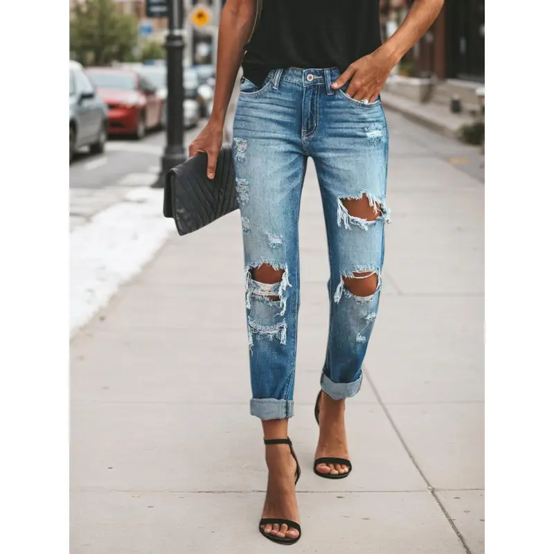 Amzglee Women's Denim Pants Ripped Jeans Low Rise Above the Ankle All Seasons Fashion