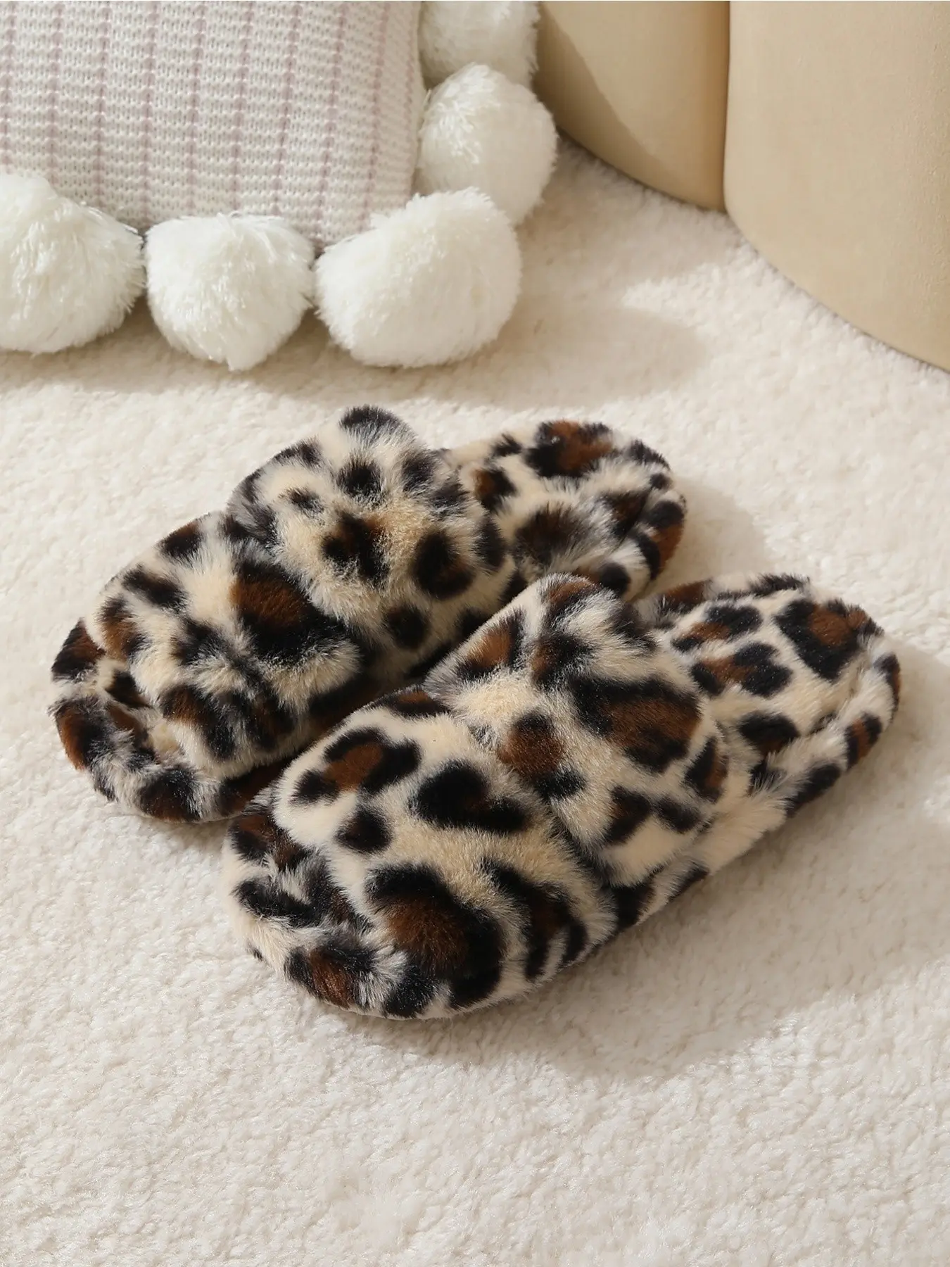 Women's Fashion Plush Home Slippers, Soft Fluffy Footwear, Leopard Print Open-Toe Comfortable Warm Sandals, Indoor Casual Daily Wear Footwear