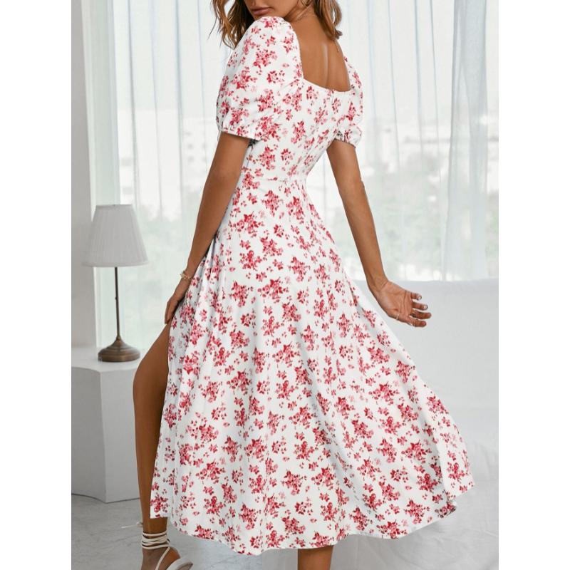 SHEIN Holidaya Allover Floral Knot Split Thigh A-line Dress