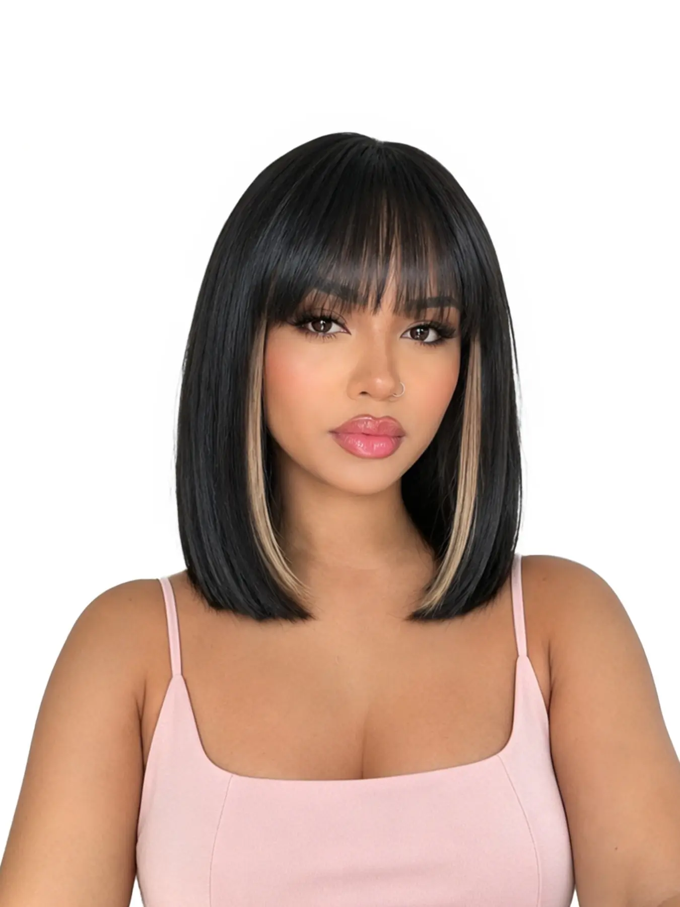 Bob Wig with Bangs, 12 Inch Peek-A-Boo Color Short Bob Wig, Women, Mix, Daily Costume Wigs, Straight Synthetic Hair, Heat Resistant