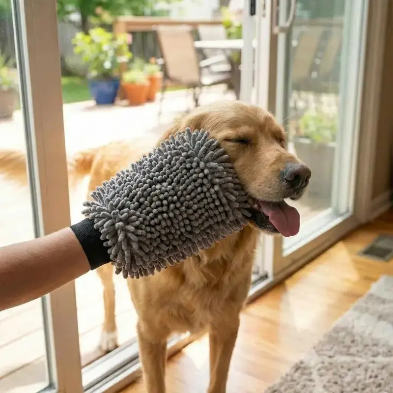 Chenille Microfiber Pet Drying Grooming Mitt, Super Absorbent Dog Cat Bath Glove, Soft Pet Hair Remover Glove, Wipe Away Loose Fur & Soak Up Water Quickly, Ideal for Post-Bath Shower Grooming & Daily Pet Care