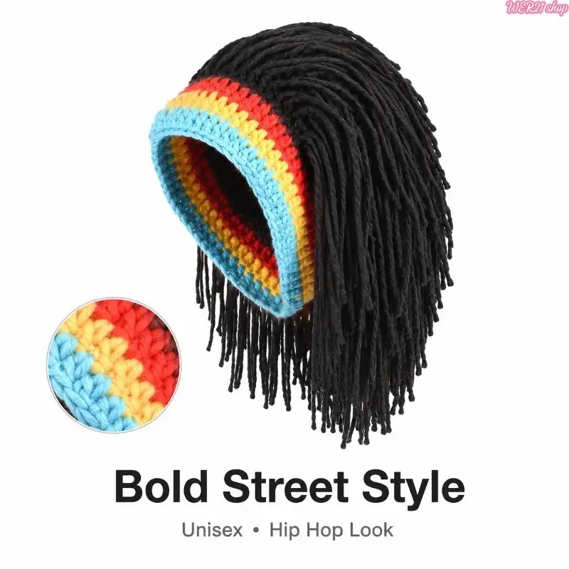 Handmade Crochet Wig Beanie Hat, Retro Hip Hop Knitted Headwear, Unique Fun Statement Design Warm Stretchy Knit Hat, Trendy Fashion Accessory for Street Style, Daily Outfits, Casual Outdoor & Festival Looks