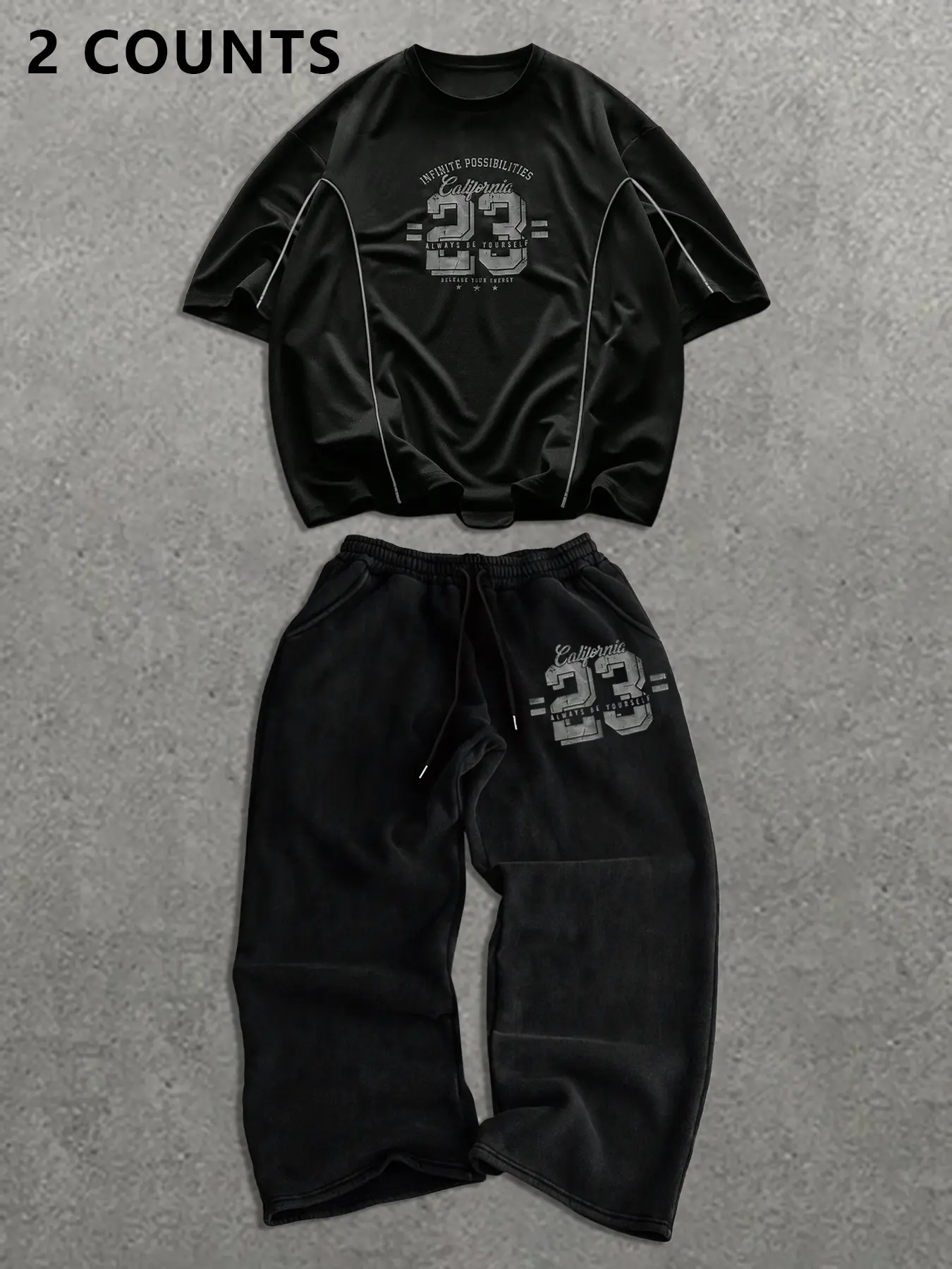 TikMen Men's Casual Sportswear Set Short Sleeve T-Shirt & Loose Straight Leg Pants, Round Neck Fitted Top, Comfortable Soft Fabric