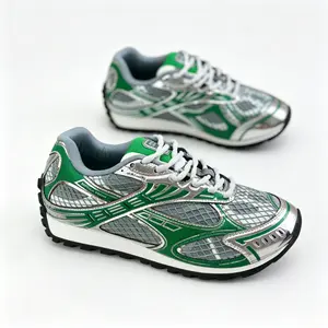 Green Silver Metallic Mesh Retro Running Sneakers, Breathable Grid Mesh Reflective Trim Low Top Shock Absorb Cushion Midsole Rugged Rubber Outsole Lightweight Fashion Street Casual Athletic Trainers