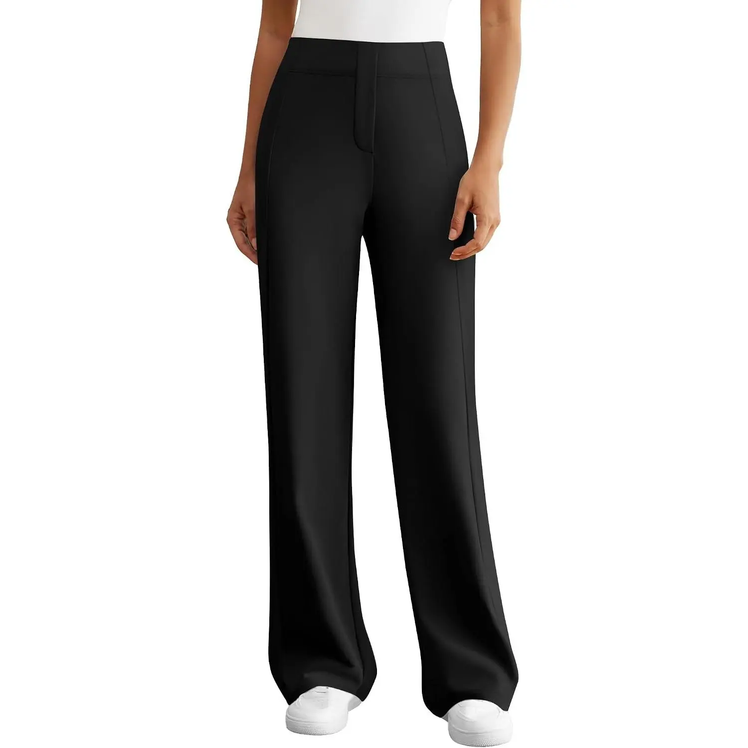 Women's Straight Wide Leg Dress Pants, High Waist Stretchy Pull-On Trousers for Business Casual, Lightweight Teacher Work Slacks with Pocket, Spandex, Dressy