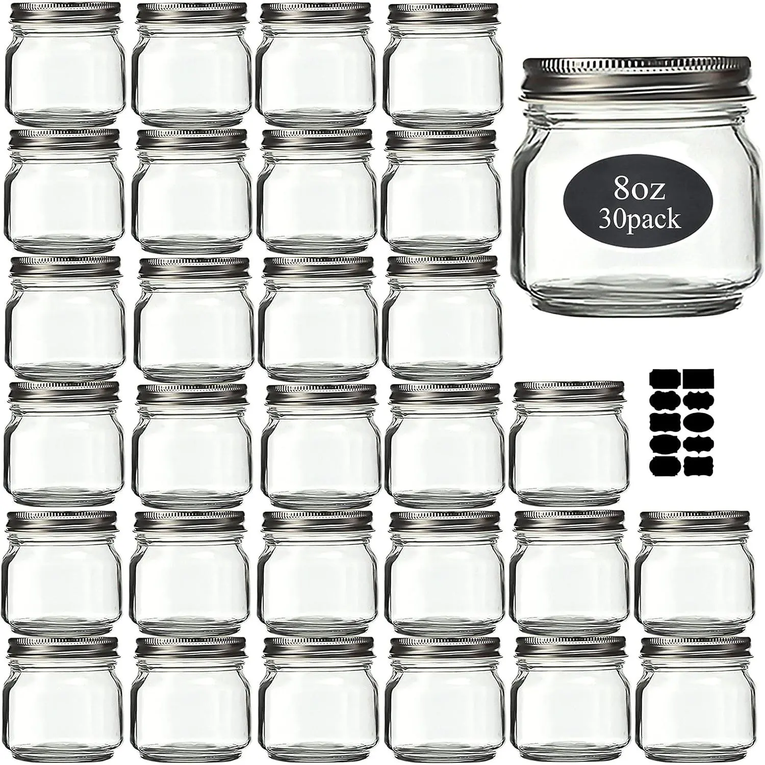 Mason Jars 8 oz 30 Pack- Small Mason Jars With   -1/4 Quart Canning Jars| Storage Glass Jars With  For Jelly, Jam, Honey, Pickles -  Glass Jars - With 30 Chalkboard Labels