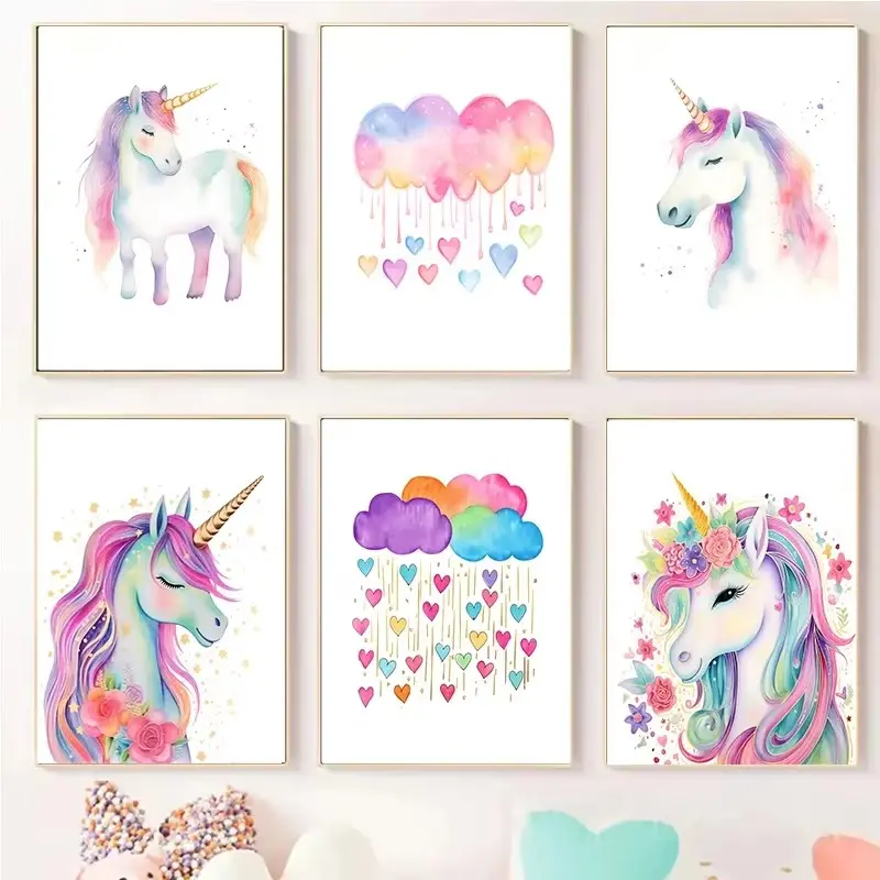 6pcs/set Frameless Cartoon Cute Unicorn Nursery Girl Room Pastel Rainbow Art Poster Canvas Painting Wall Prints Picture Children Room Home Decor