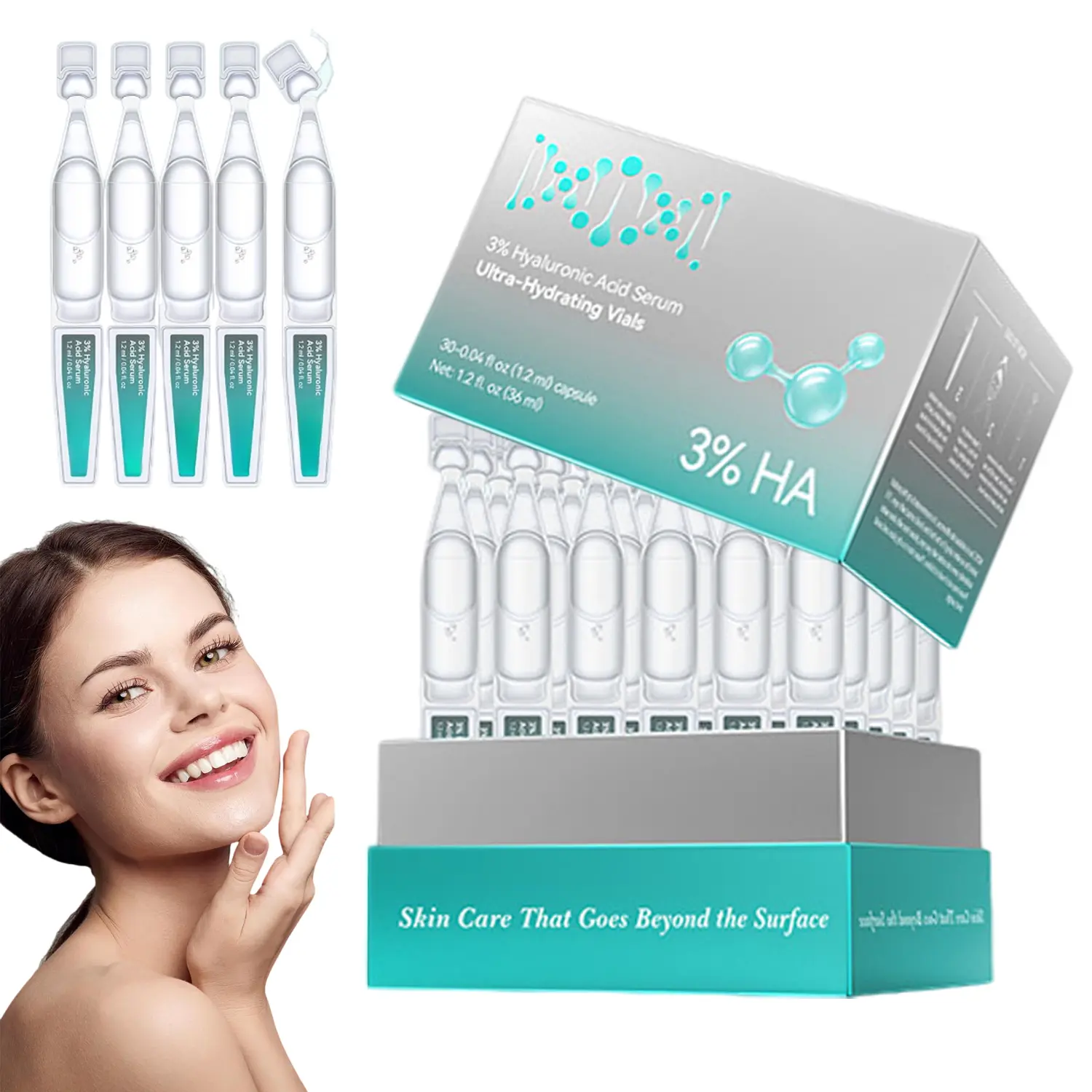 3% Hyaluronic Acid Facial Serum, Deep Hydrating Anti-Aging Skin Care Liquid, Smooth & Plump Skin Serum with 30 Single-Use Vials