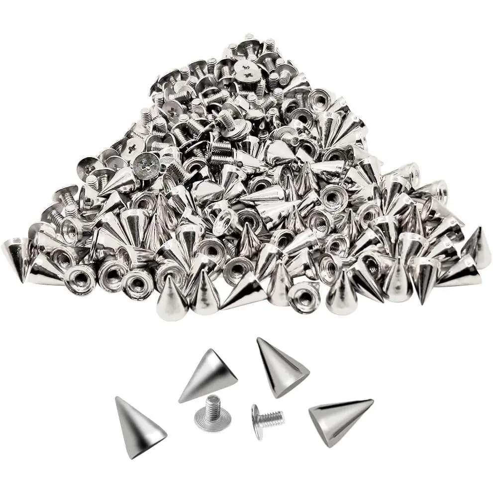 Zhuohai 100 Pairs 7X10mm Silver Metal Cone Spikes Screwback Studs - DIY Rivets for Leather Crafting, Punk Look Indoor Furniture Sofa Decor