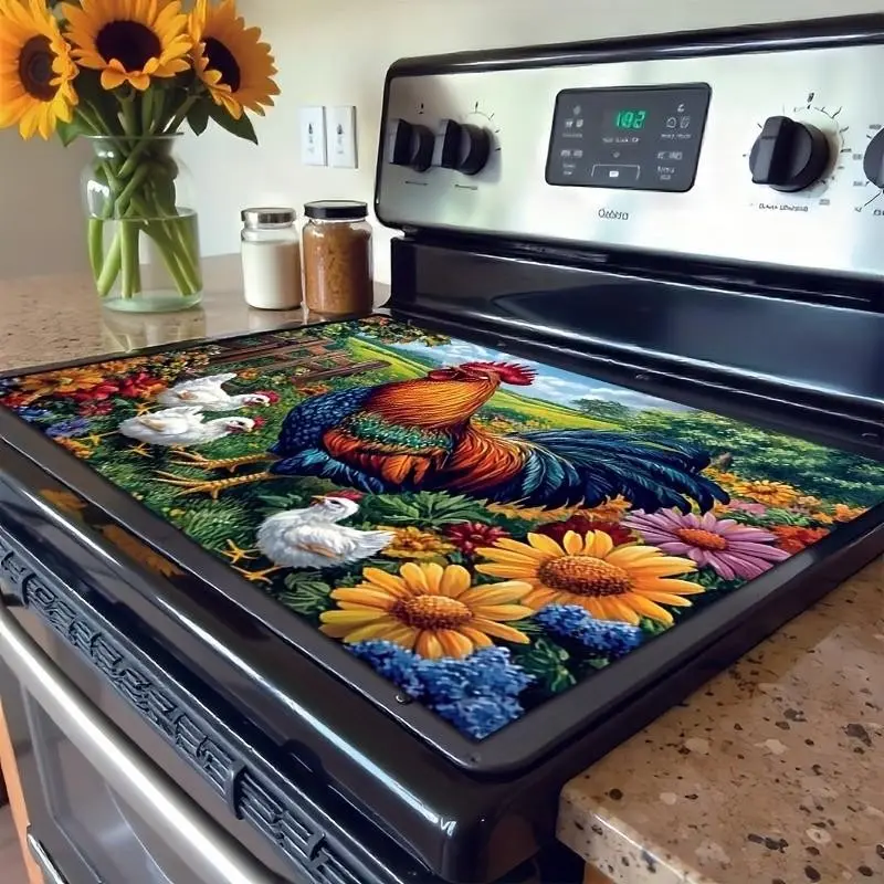 Colorful Rooster and Countryside Design Mat, Scratch-Resistant Polyester, Easy Clean Kitchen Protector, 52cmx72cm, Home Essential