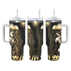 Majestic Art Deco Bald Eagle Insulated Tumbler, Luxury Black & Gold Geometric Stainless Steel Travel Mug. Ideal for Executive Office Desks, Daily Commuting & Bold Father’s Day Gift.