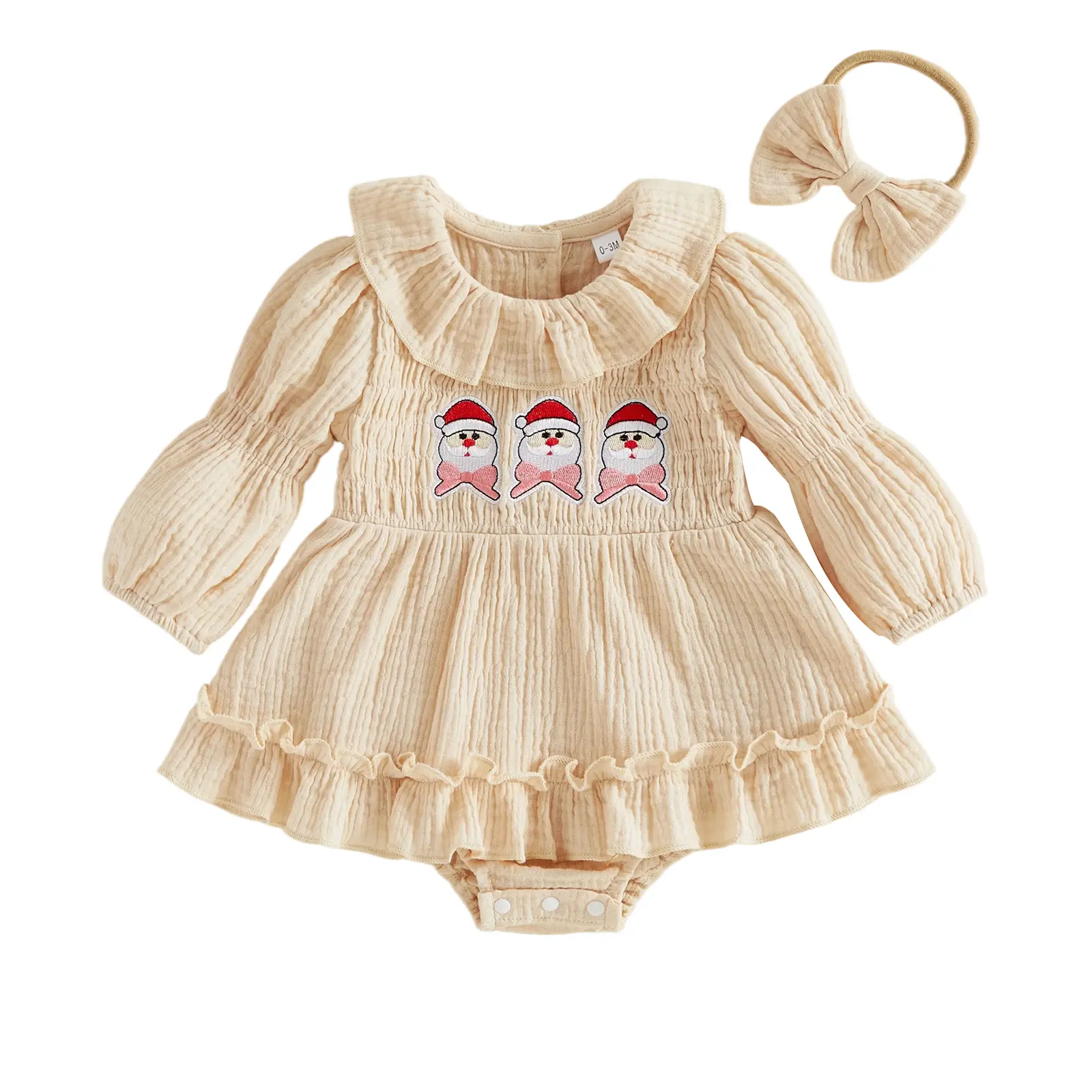 FOCUSNORM Newborn Baby Girl Christmas Romper Dress Long Puff Sleeve Santa/Christmas Tree Embroidery Jumpsuit with Headband 0-18M
