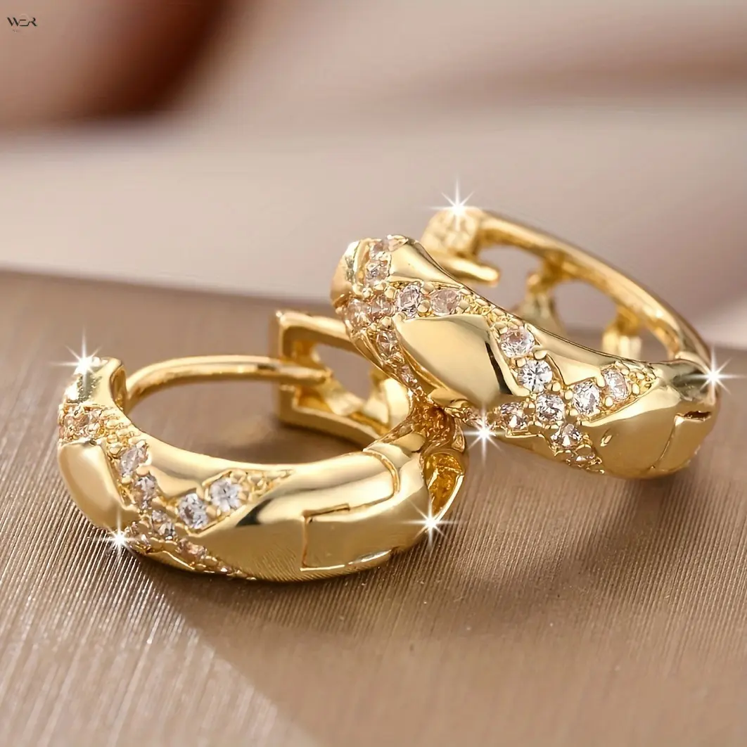 14.9mm Irregular Textured Cubic Zirconia Hoop Earrings for Women, 3 Colors Gold Champagne Silver Hollow Cutout Small Huggie Click Top Ear Hoops, Dainty Daily Stackable Piercing Jewelry Gift