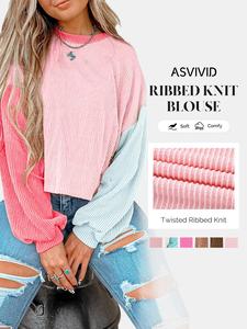 women's colorblock twisted ribbed knit dropped shoulder cropped sweatshirt, casual round neck long sleeve for fall winter, ladies daily wear