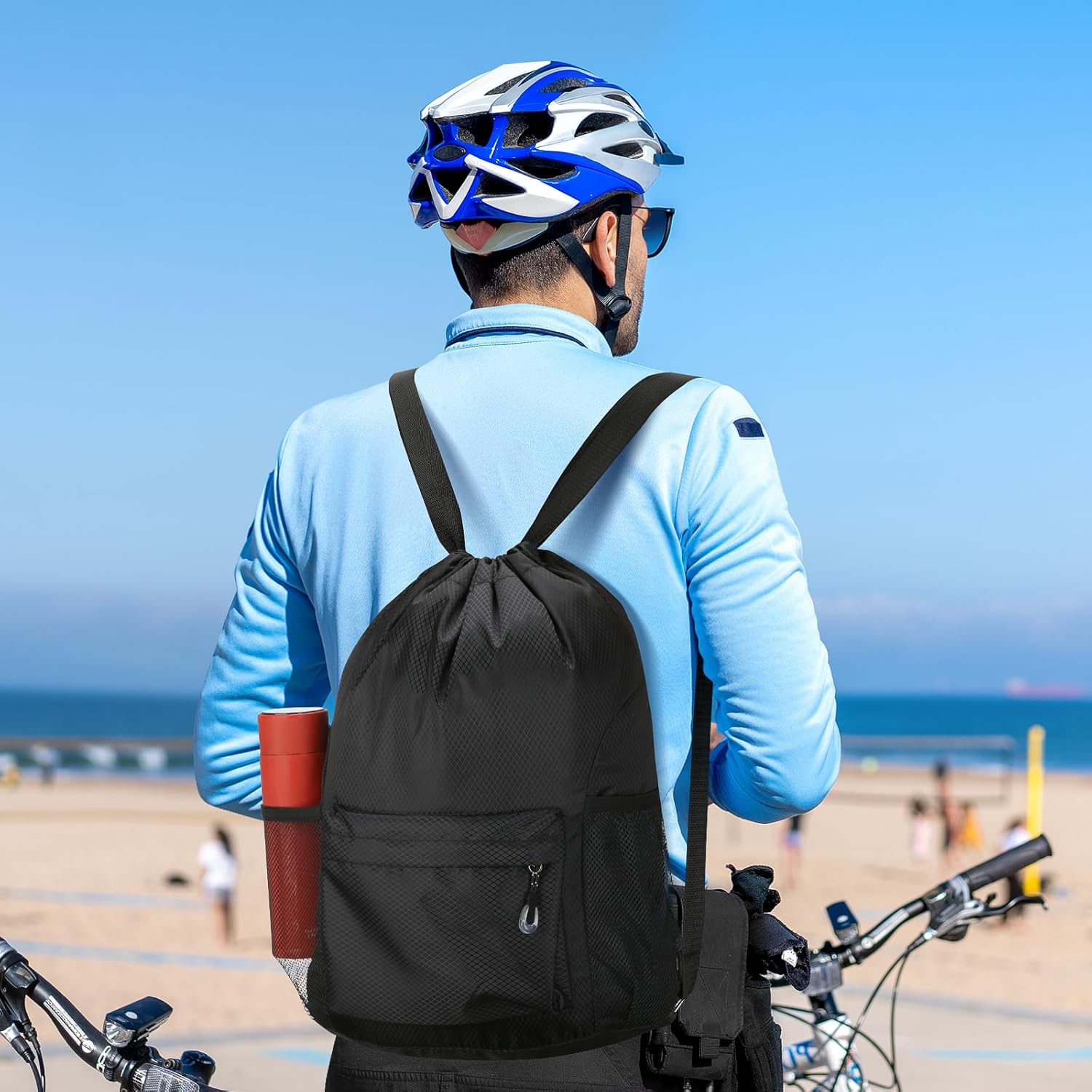 Waterproof Drawstring Bag, Lightweight String Backpack with Water Bottle Holder and Pockets, Gym Sports Cinch Sackpack