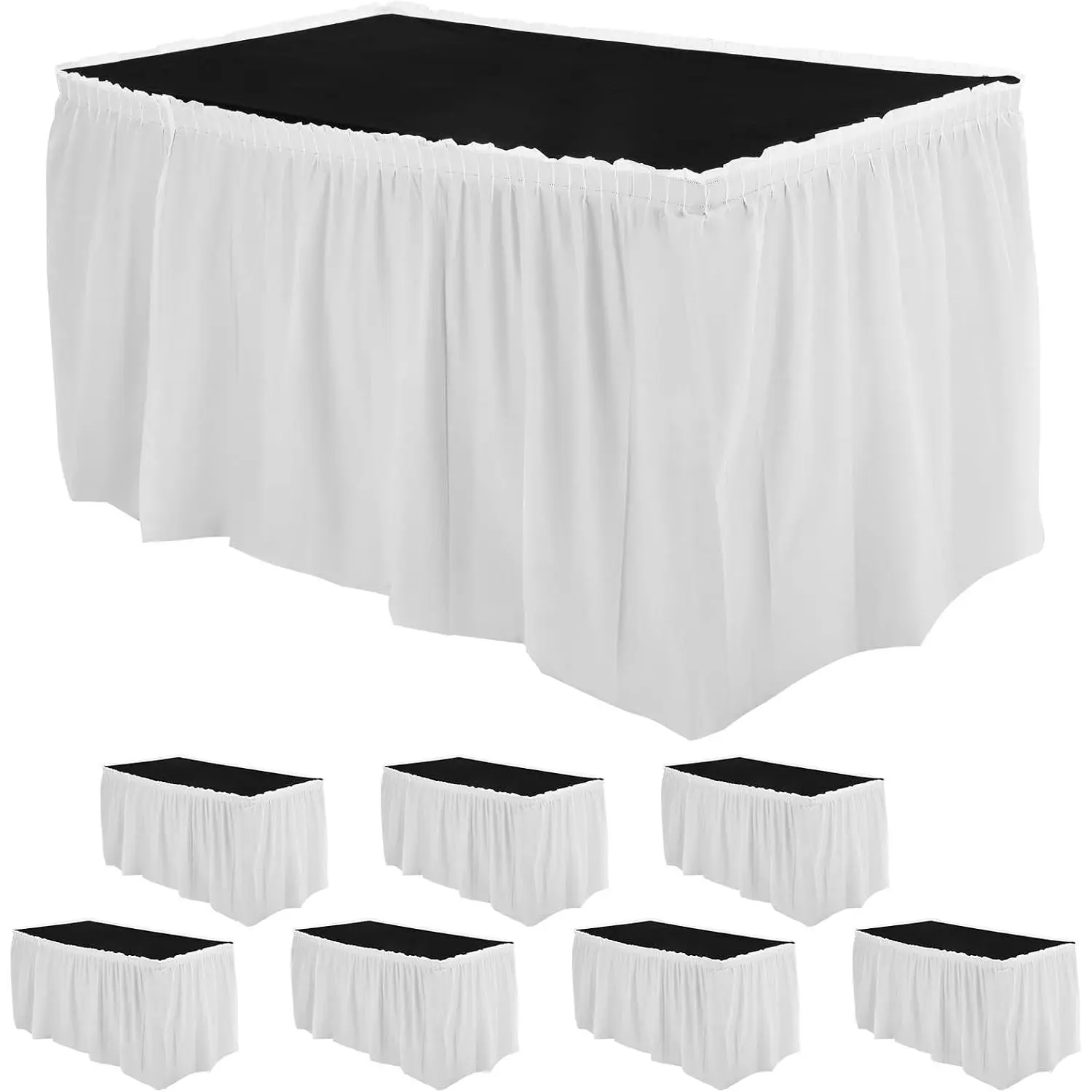 8-Piece White Solid Plastic Table Skirt Set - 14ft x 29in Fitted Disposable Covers for Rectangle, Round Tables - Wedding, Family Birthday Party, Baby Shower Events, Banquets (Home & Festive Party Supplies)