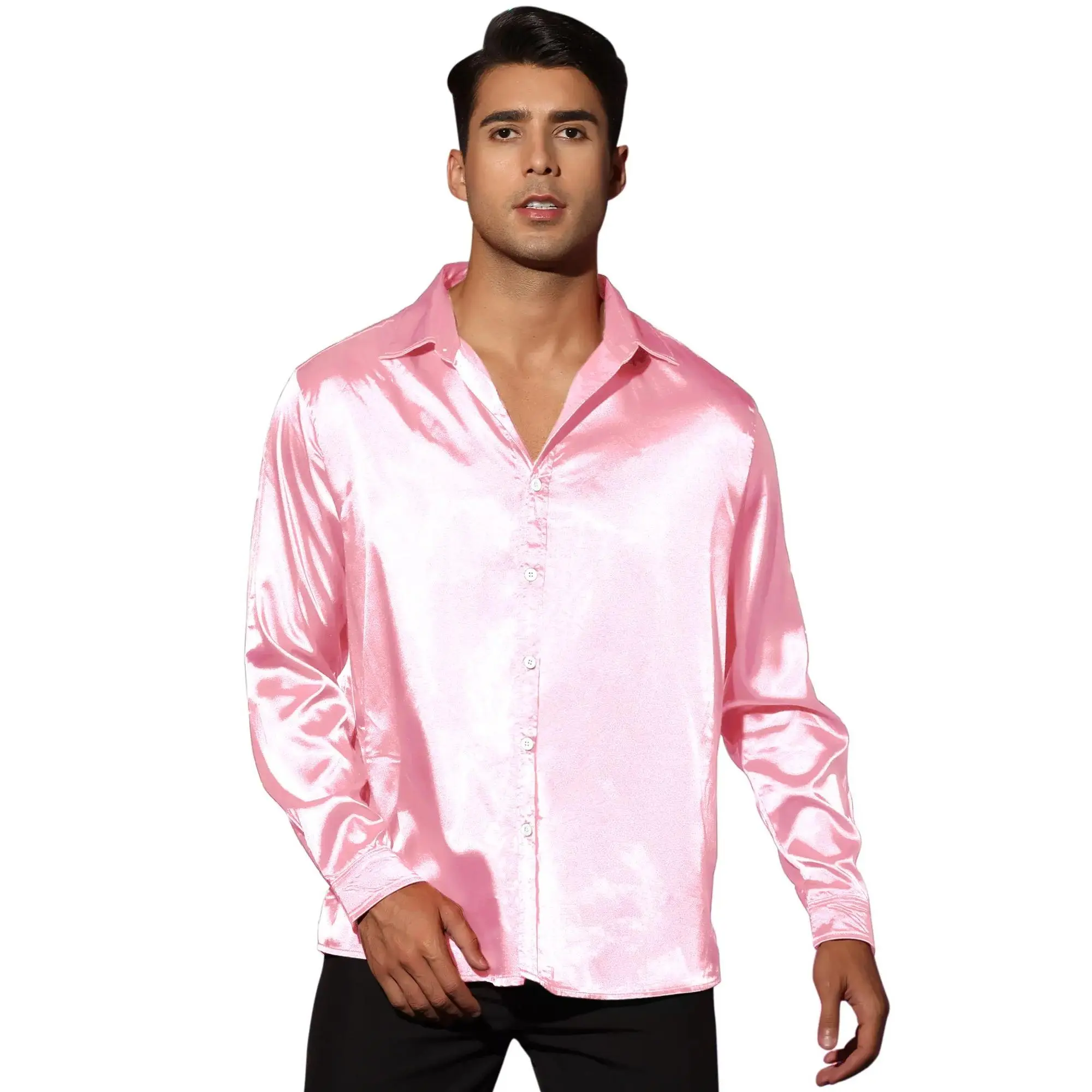 Men's Dress Satin V Neck Long Sleeves Button Down Slim Fit Prom Party Shirts