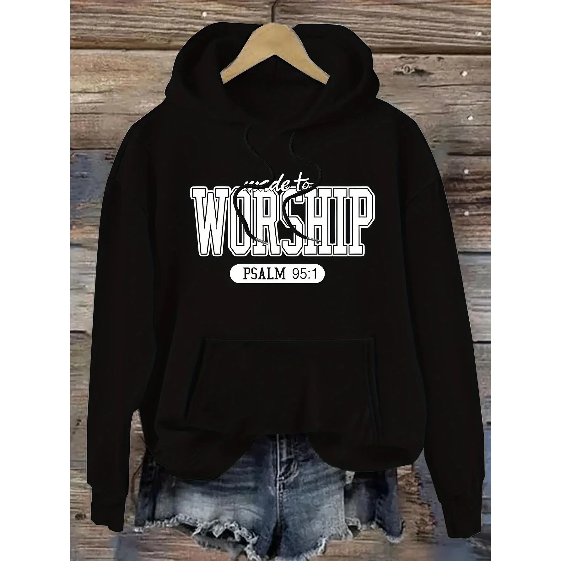 Women's Casual Hoodie with Letter Pattern, Cotton Knit Fabric, Hooded Sweatshirt with Pocket, Worship Psalm 95:1 Design, Unisex-Fit for All Seasons