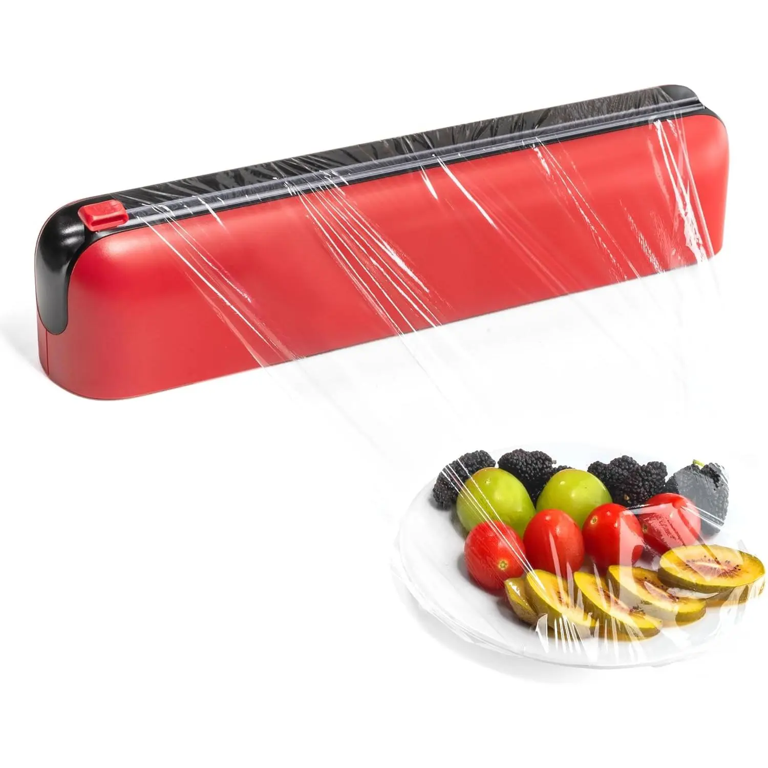 Foil & Plastic Wrap Dispenser with  - Easy -Hand , Space-Saving Kitchen Organizer for Worktops & Cabinets,  Cling Film Dispenser - Fits 12" Rolls, Red