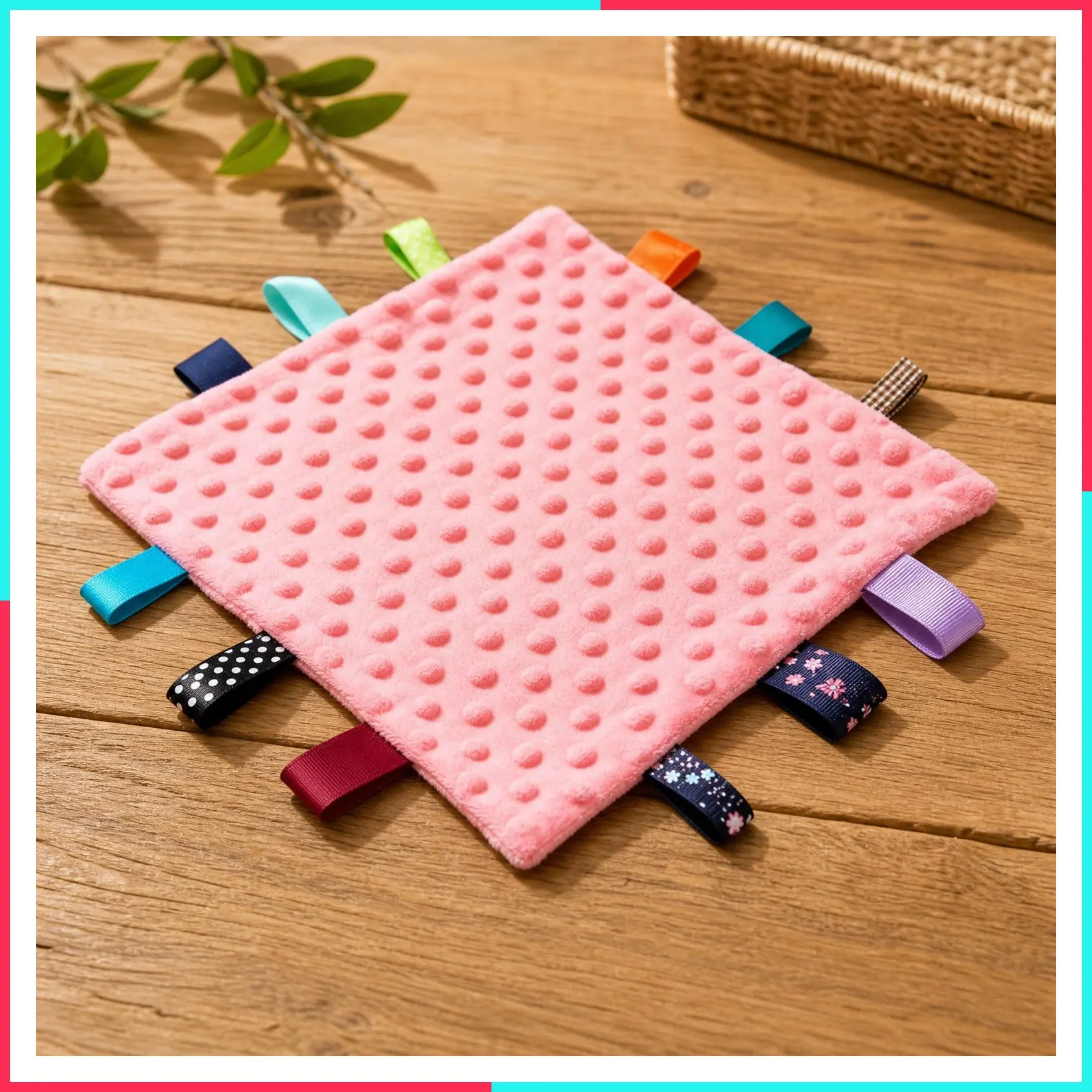 Baby Soothing Plush Security Blanket with Colorful Tags, 10"x10" Square Sensory Lovey for 3+ Months Babies Boys and Girls, Pink