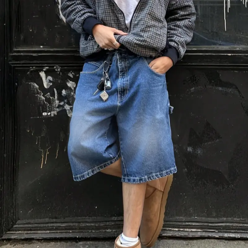 Men's denim shorts, trendy high street style, classic, simple, elegant, non-stretch, loose, mid-length shorts