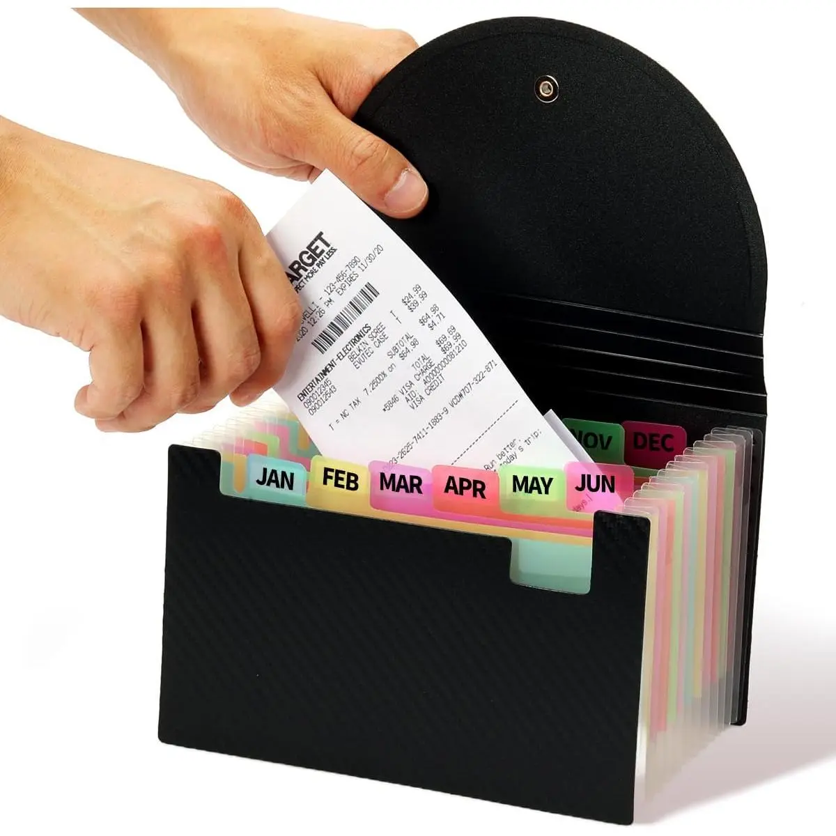 Receipt Holder, 13 Pocket Accordion File Folder, 7 x 4.5, Black | Polypropylene Plastic, Elastic Button Loop, 6" Expansion, A-Z, Monthly and Blank Tab Labels, Colored Pockets