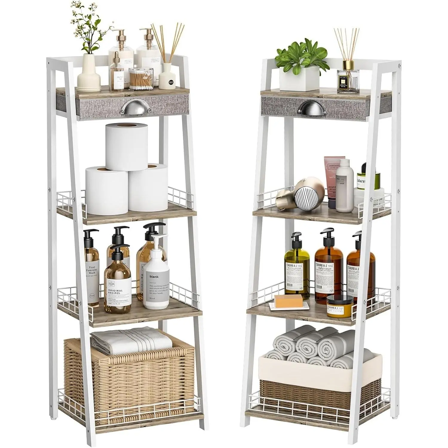 4-Tier Elegant Ladder Shelf, Bathroom Storage Shelf, Ladder Bookshelf with Drawer, Freestanding Storage Shelves for Bathroom Living Room Study Office, White