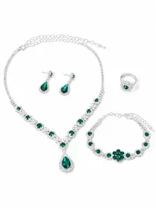 Luxury Emerald Green Rhinestone Fashionable Jewelry Set for Women – Sparkly Teardrop Necklace, Earrings, Bracelet & Ring for Wedding, Prom & Formal Party