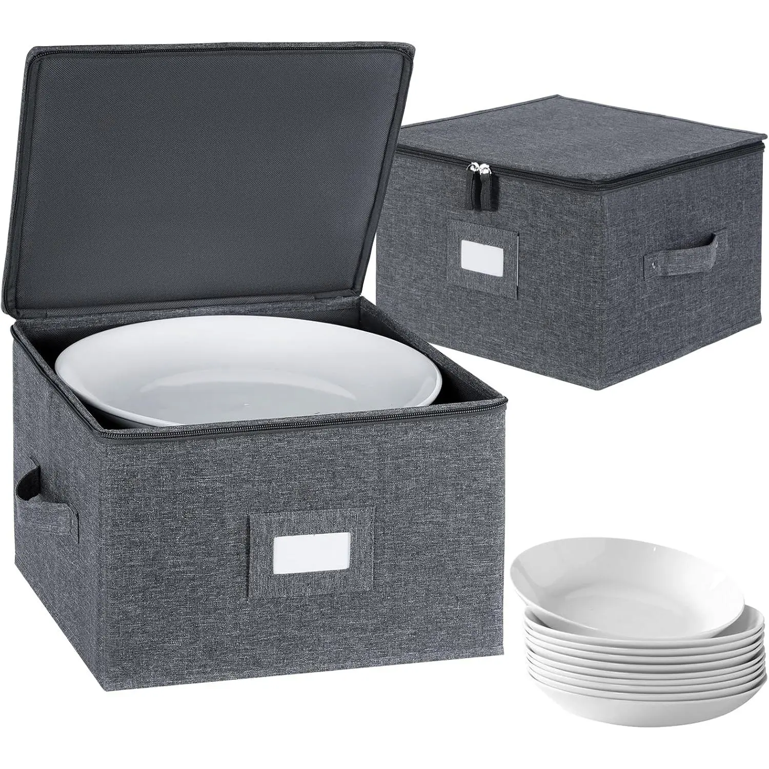 China Storage Containers Hard Shell Inside 12" W x 8" H, Dinner Plate Storage Containers for Dishes, Dinnerware with 24 Felt Dividers, Hold 24 Plates, Storage Stackable (2 Pack Grey)