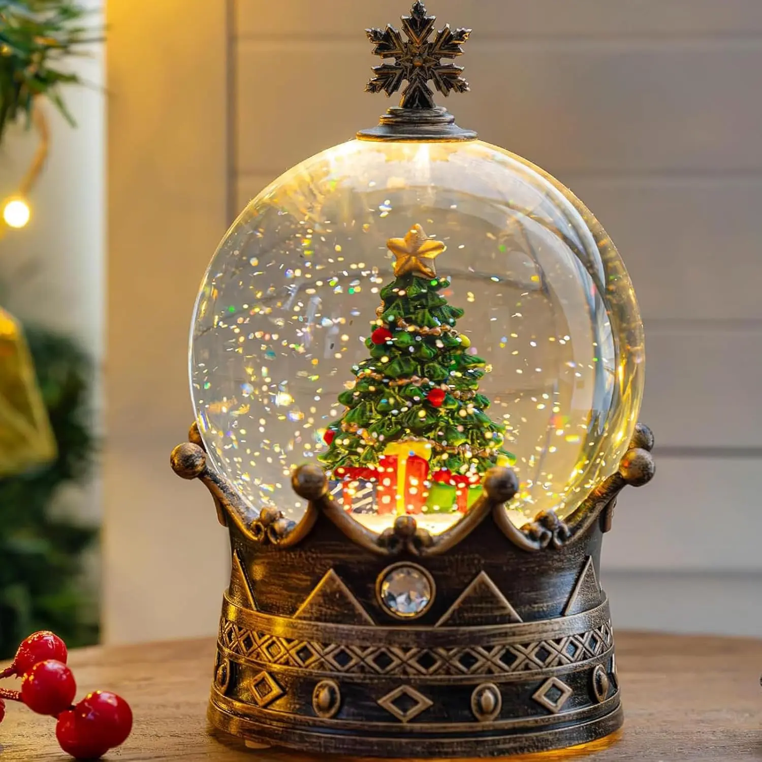 Christmas Snow Globe Lantern Water Glittering Christmas Tree Crown with Music USB Lined/Battery Operated Lighted Lantern for Christmas Festival Decoration Gifts