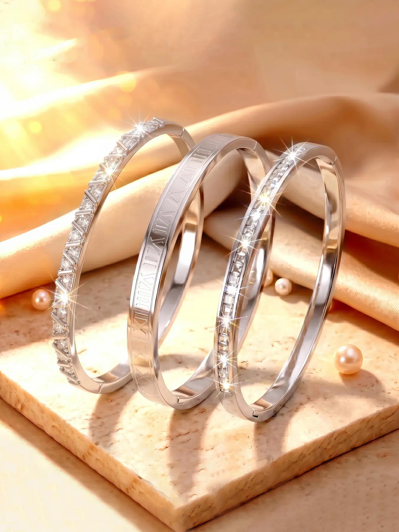 3pcs diagonal full diamond Roman numeral arranged silver bracelet set, not easy to oxidize, blacken or fade, with delicate and brilliant luster, simple and low-key yet rich in exquisite details