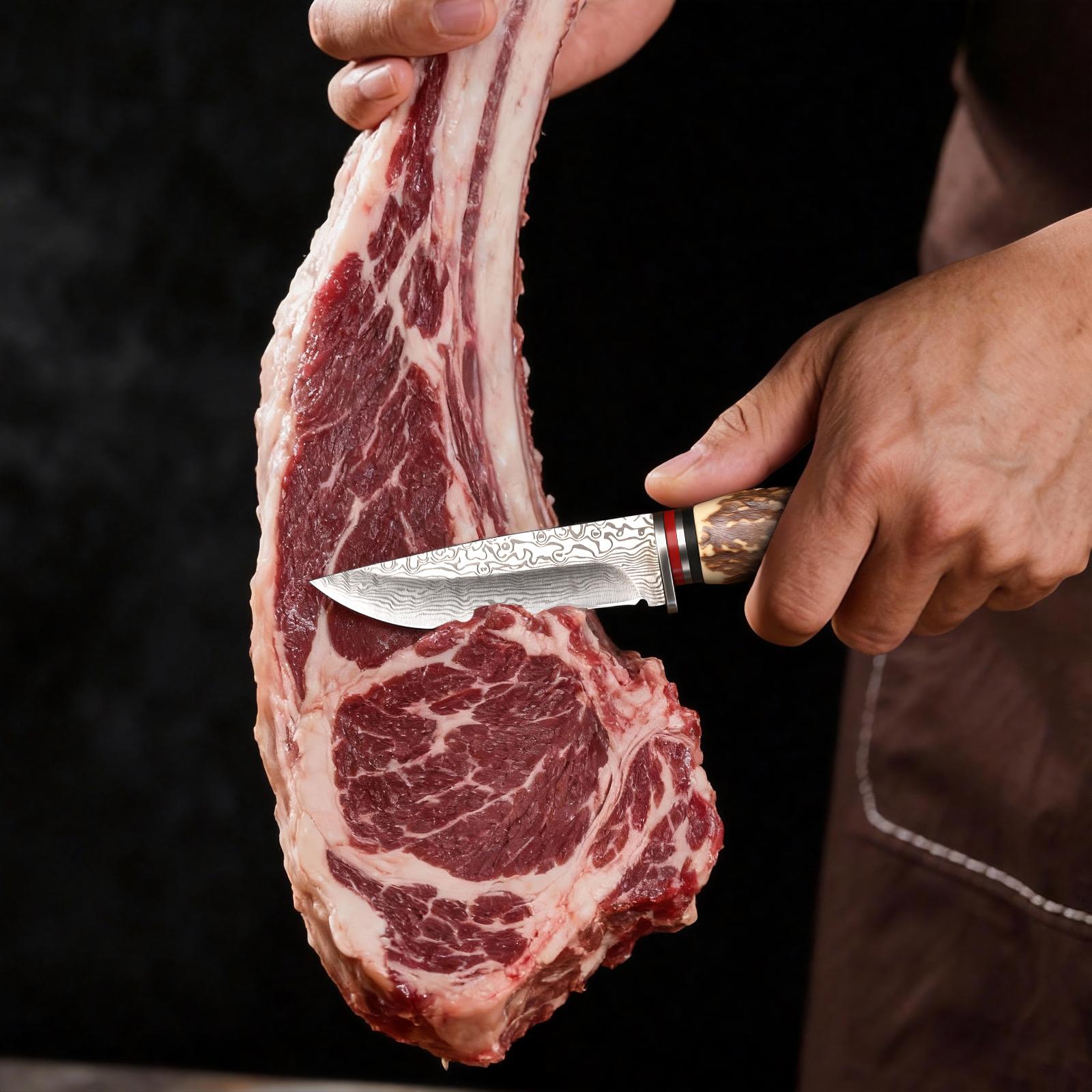Damascus Pattern Kitchen Knife Chef Knife Steak Knife Razor Sharp Stainless Steel Meat Slicing Cleaver 8.3" Knife with Leather Sheath & Gift Box BBQ Cooking Utility Knife Non-Slip Faux Antler Stag Handle for Beef Tomahawk Fish Veggies Gift for Men Women