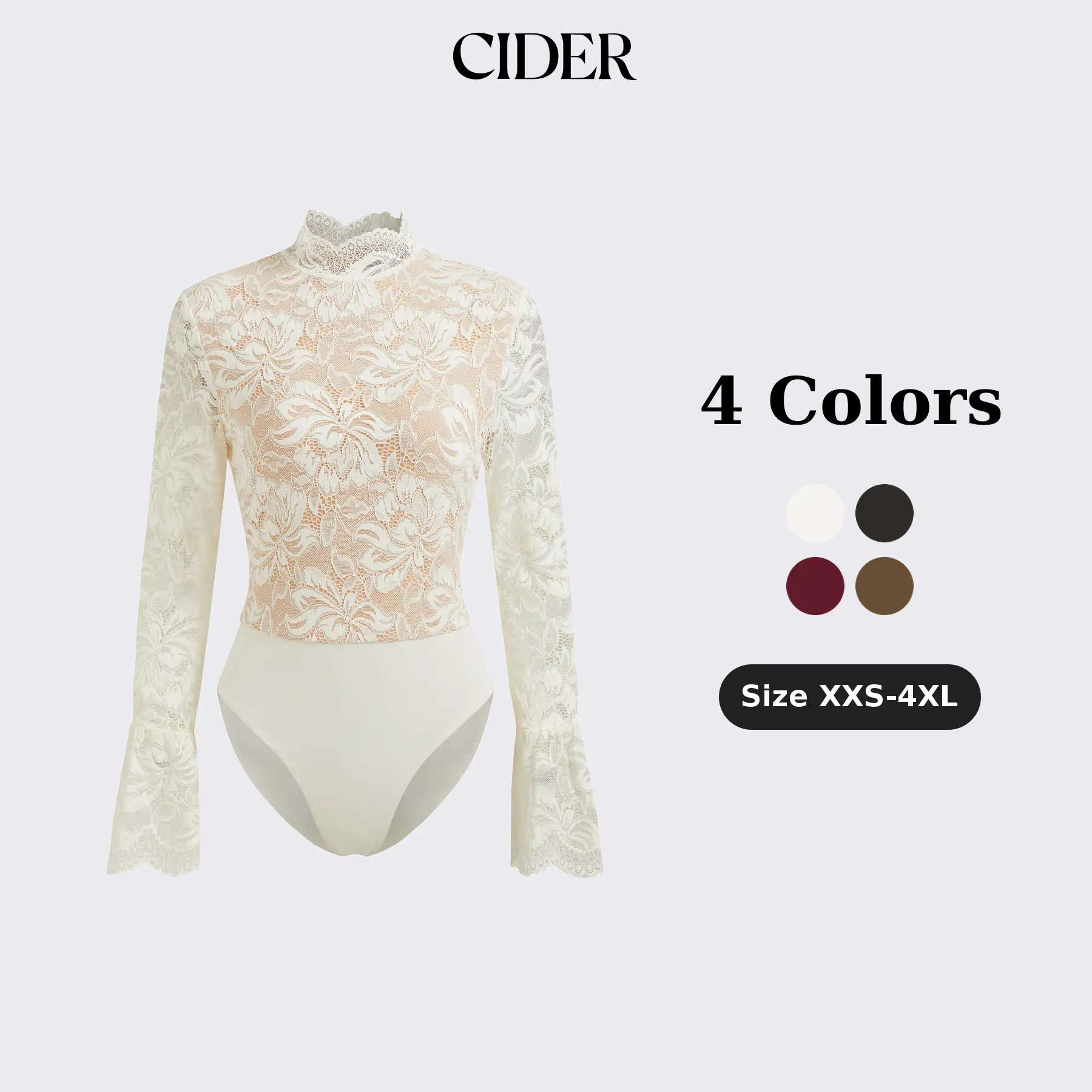 Cider Floral Lace Bodysuit with Stand Collar – Long Sleeve Ruffle Top， Soft Stretch Fabric with Snap Closure for Date Nights & Spring Layering