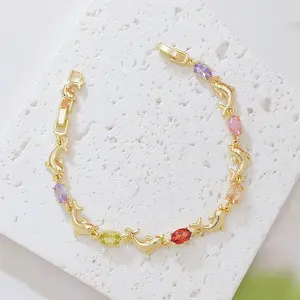 18K Gold Plated Dolphin Charm Bracelet Multi Color Oval Cubic Zirconia Crystal Link Bangle Cute Ocean Animal Jewelry Birthday Gift for Women Teen Girls
