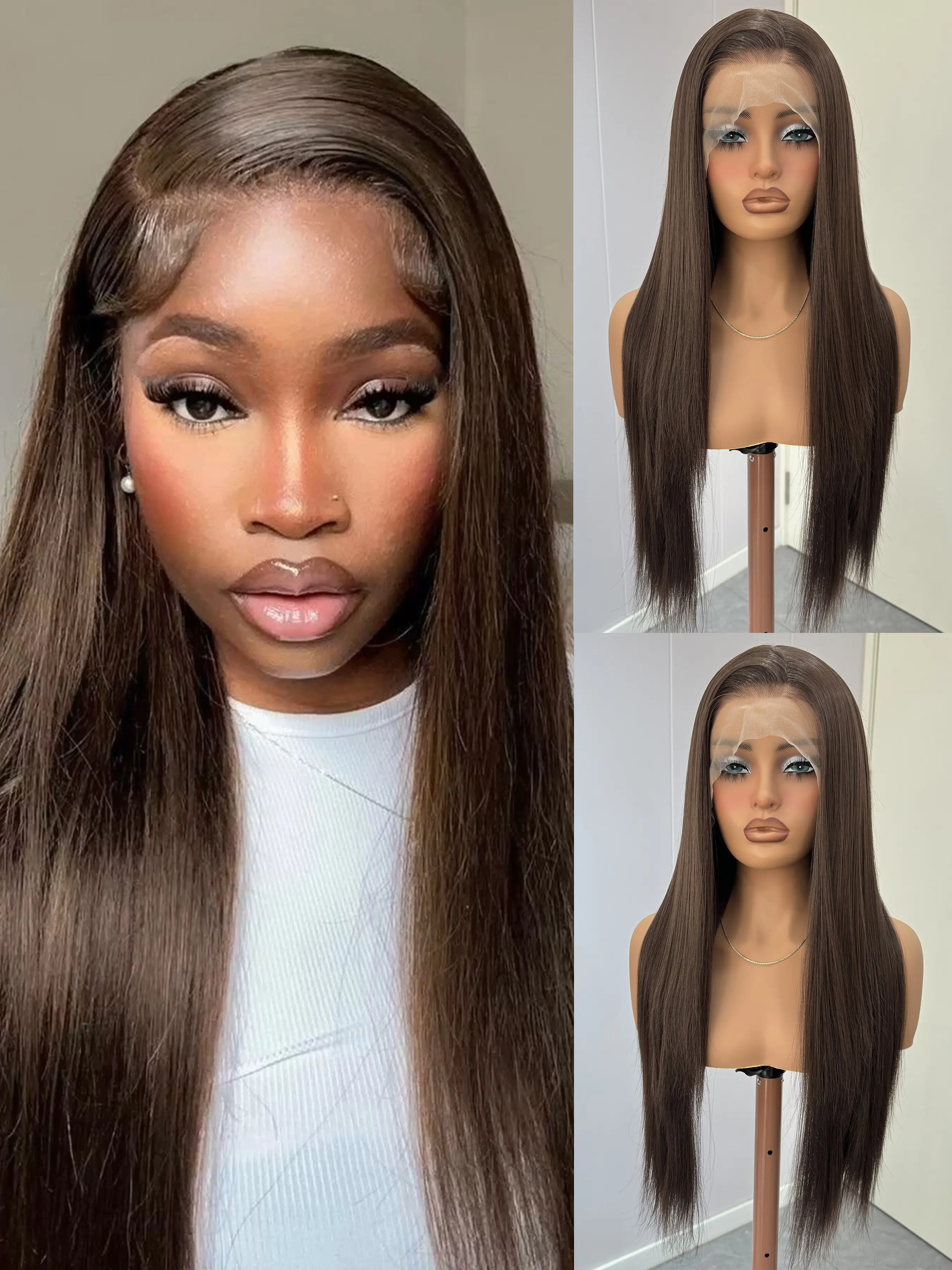 Dark Brown Long Straight Premium Synthetic Wig Free Part Brown Hair Natural Hairline Lace Frontal Wigs for Women Man Daily Makeup Use Heat Resistant Fiber Brown Color Straight Hair