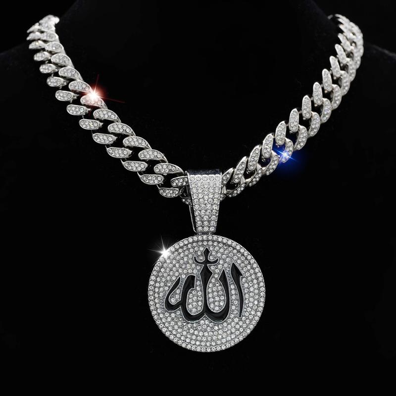 Sparkling Allah Necklace Cuban Chain with Islamic Muslim Arabic Symbol Pendant, Religious Amulet Jewellery for Daily Wear and Gift Giving