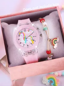 2pcs Cute Unicorn Glowing Quartz Casual Watch Set with Rainbow Pendant Bracelet, Silicone Band, Ideal Gift for Kids, Back to School