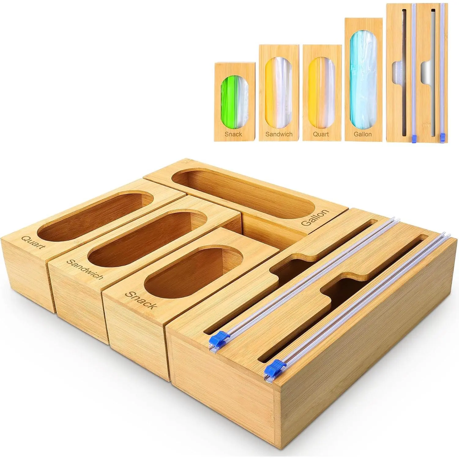 Reclosable Poly Bag Organizer for Kitchen Drawer, 5-Slot | , 5  Boxes, Slide ,  Lid, Space-Saving Drawer Organizer
