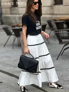 2026 Fall European Summer New Color Block Patchwork Skirt, Women's Loose-Fit Long Skirt, Casual Solid Pattern, All Seasons