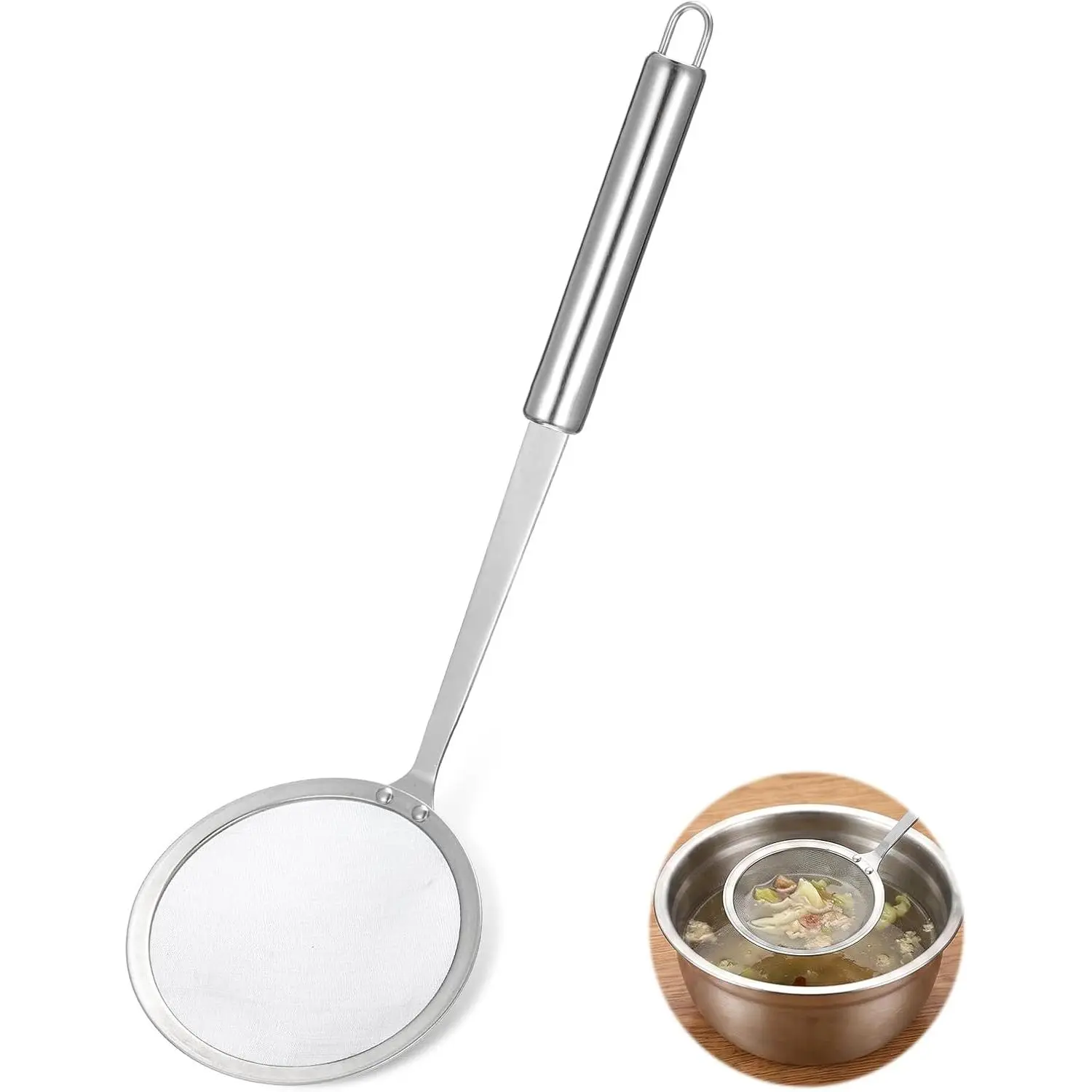 4” Stainless Steel  Skimmer Spoon Fine Mesh Strainer with 9.5” Heat-Resistant Handle  Strainer Spoon  Separator for Cooking Frying Quinoa Soup Miso