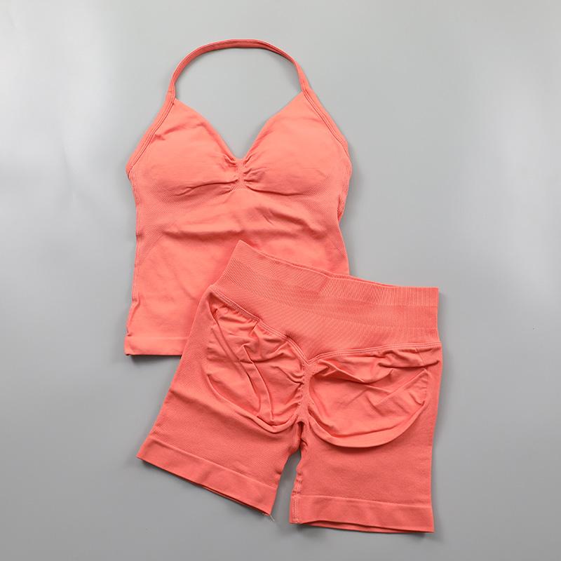 Impact Seamless Yoga Set Women 2Pcs Padded Halter Tank Top Scrunch Butt Lifting Gym Shorts Set Summer Sportswear Workout Clothes Sporty High Stretch Breathable Outfits Sporty High Stretch Sporty Breathable Outfits