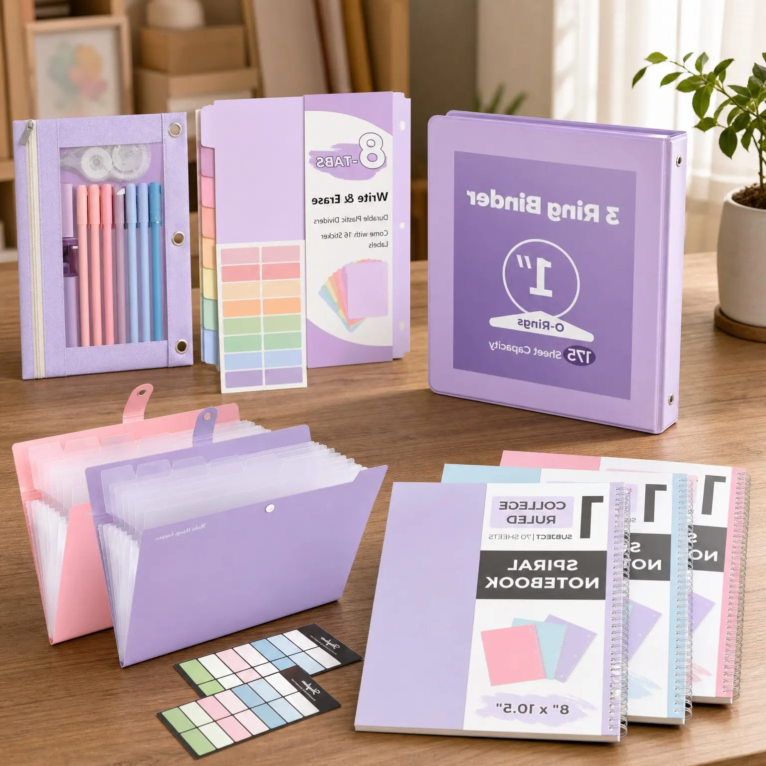 Purple School Supplies Set – 1" 3-Ring Binder, 2 Expanding File Folders, 3 Spiral Notebooks, 8 Tab Dividers & Pencil Pouch – Cute Stationery for High School & College EssentialsGift