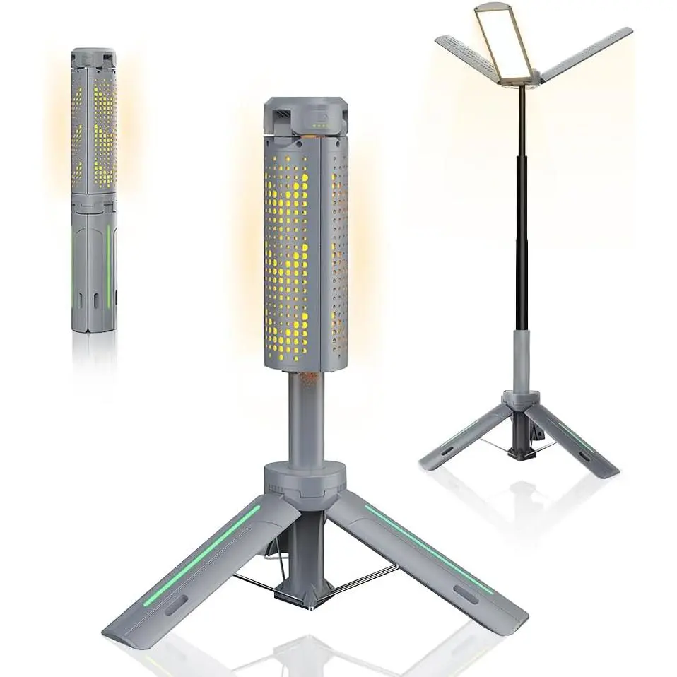 Rechargeable 8000mAh camping work light, equipped with a 3.4-foot adjustable stand, 3000-lumen cordless work light, featuring 3 adjustable light heads, dimmable emergency flashlight, and a retractable tripod