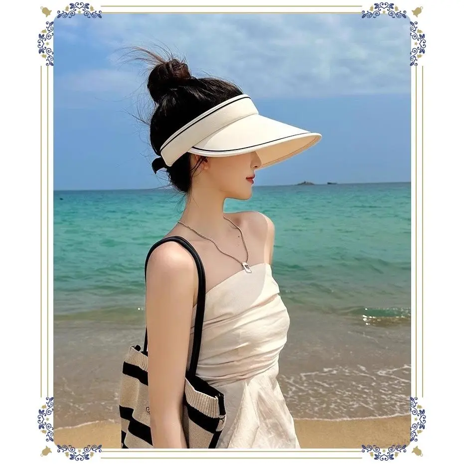 Women's Cotton Sun Visor Hat, Solid Wide Brim Open Top Summer Beachwear for UV Sun Protection During Vacations, Large Brim, Beach Wear, Unisex