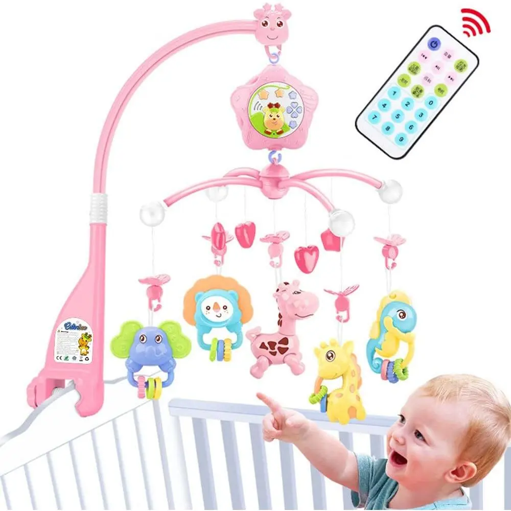 Baby Crib Mobile  Pack and Play, Crib Toys with Light and Musicial, Remote,Projector  Ages 0+ Months (Pink-Forest)
