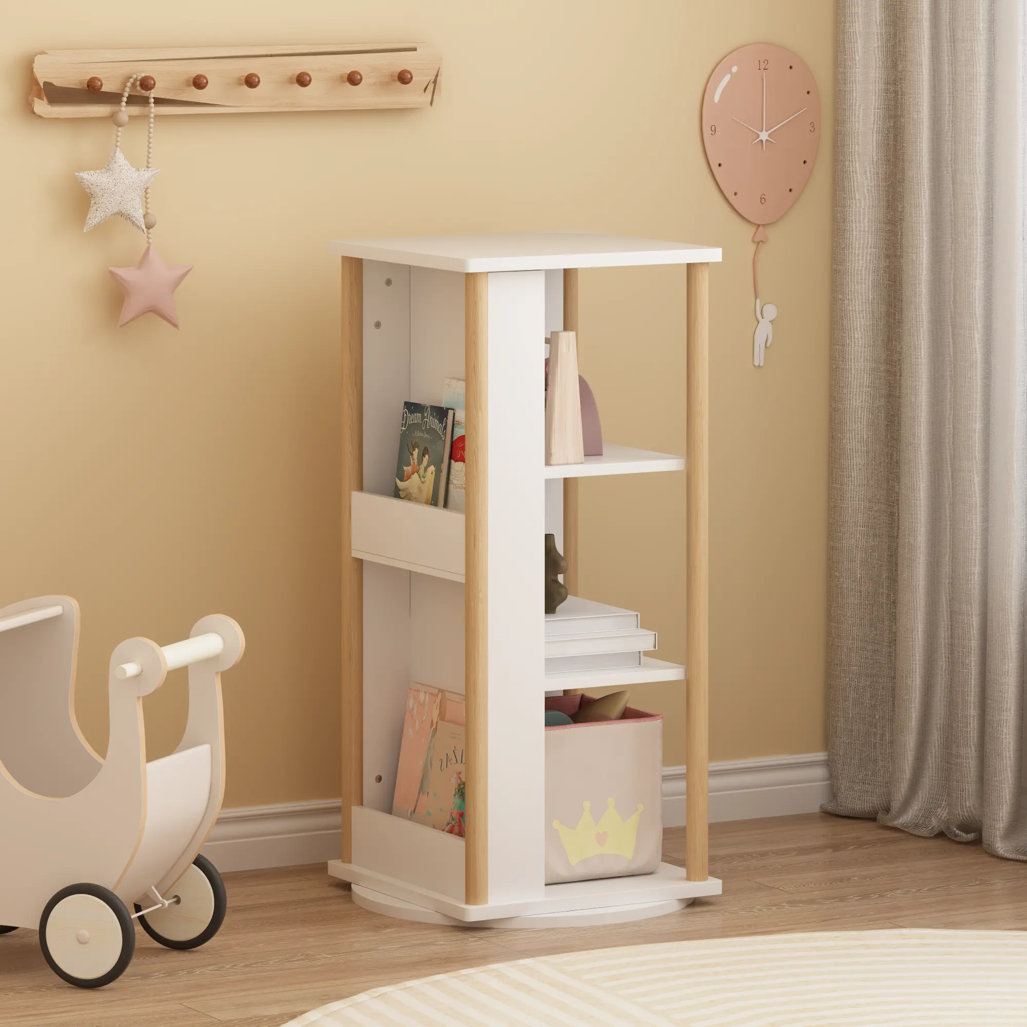 ARCH Sturdy 360° Rotating Kids Wood Bookshelf with Chalkboard, 3-Tier Toy Shelves & Racks Rotates 360°, Assembly Required, Toddler Picture Book Display Stand for Nursery, White & Natural Home Furniture