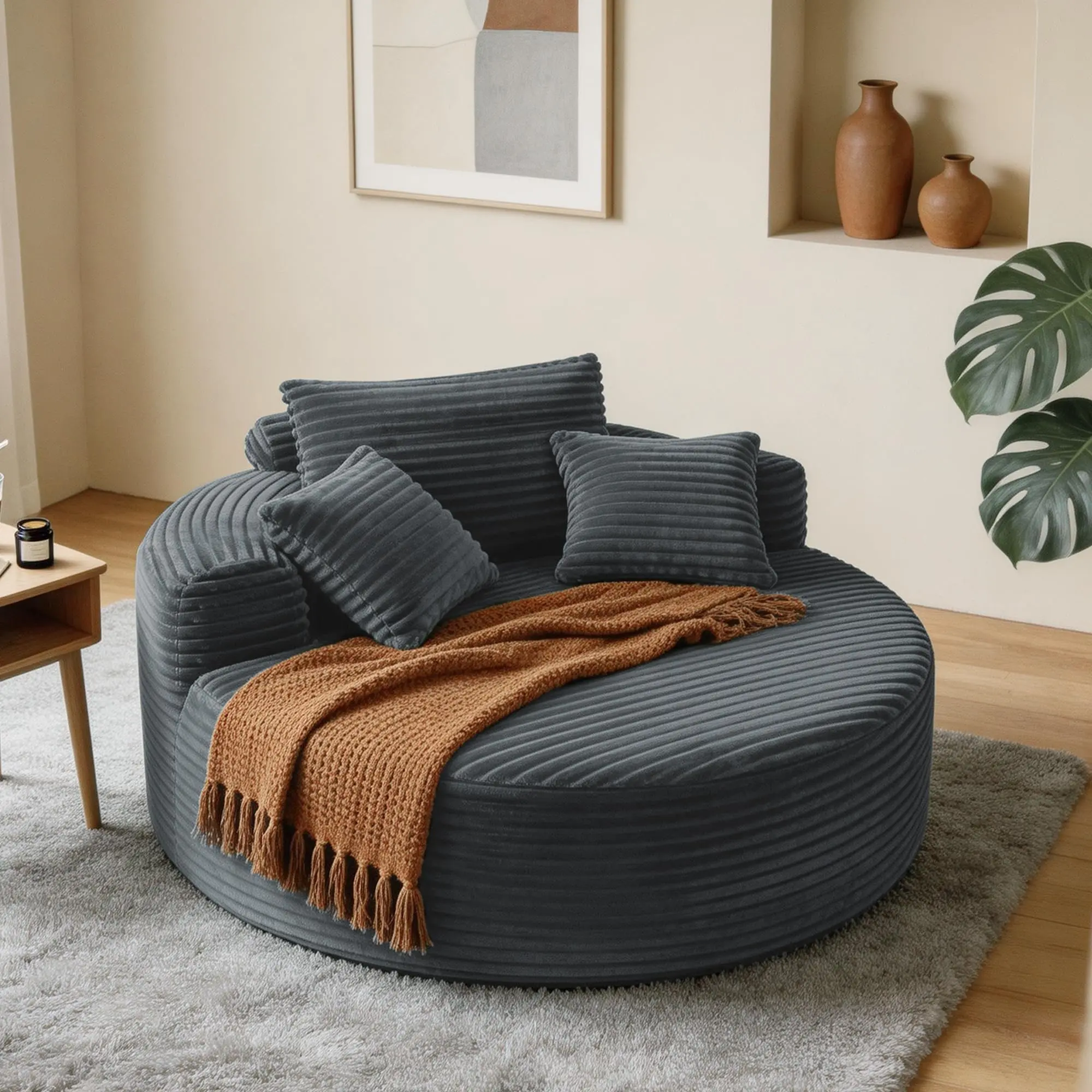 Garvee 55'' Oversized Round Chaise Lounge Chair with Corduroy Upholstery, Deep Seat Cloud Chair Featuring 3 Pillows, Cozy Indoor Circle Chair Perfect for Living Room and Bedroom, Grey