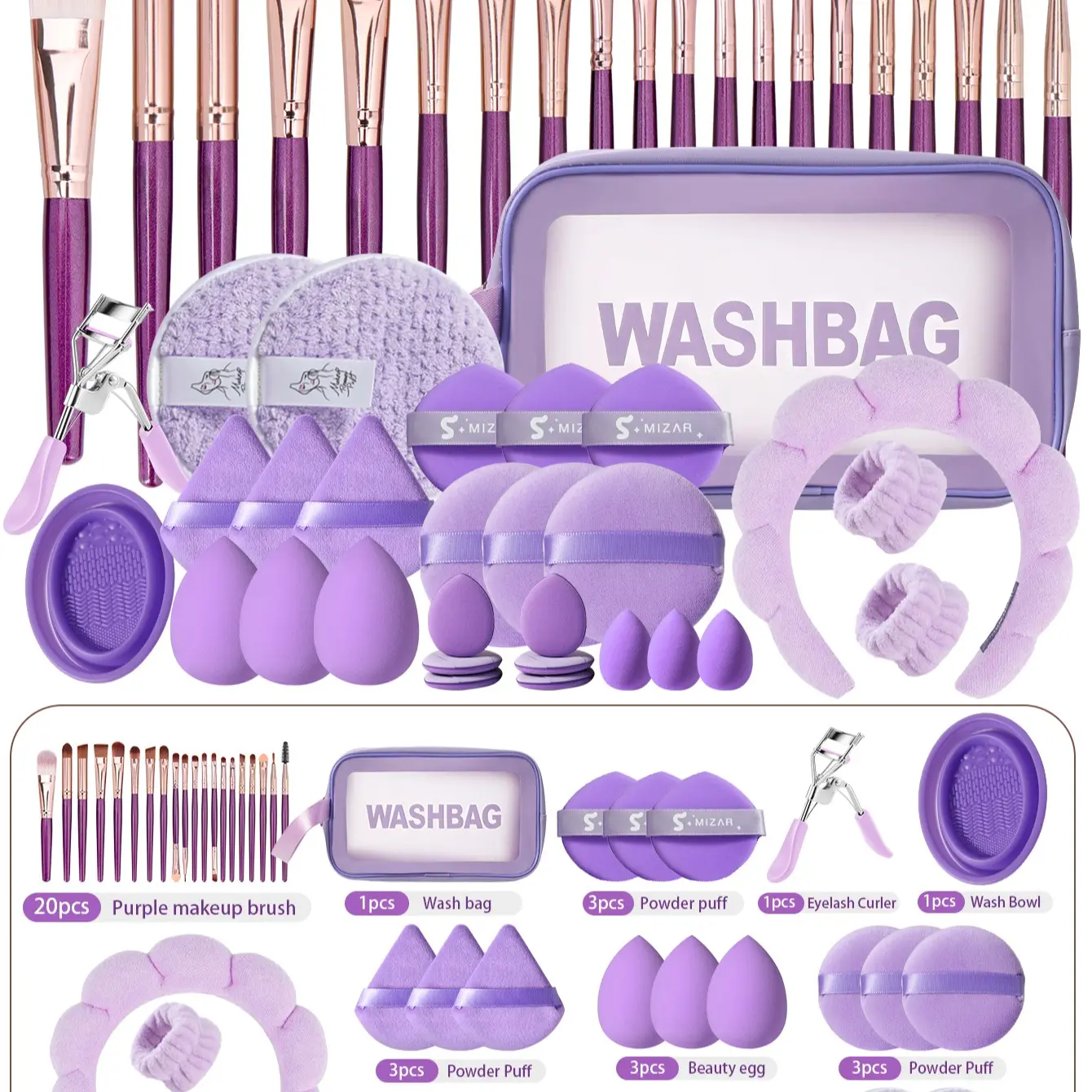 49pcs Makeup Tool Set, Cosmetic Tools, Includes 20 Eye Brushes, Waterproof Cosmetic Bag, Sponge Pads, Powder Puffs, Eyelash Curler Cleaner, Makeup Brush Kit