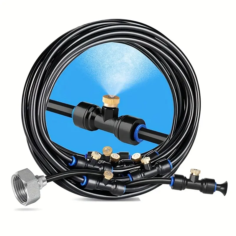 Outdoor Drip Irrigation Kit with Mist Copper Nozzles - PVC Low Pressure Misting System for Patio Humidification, Dust Suppression, and Cooling, Universal Threadedors, No Electricity Required
